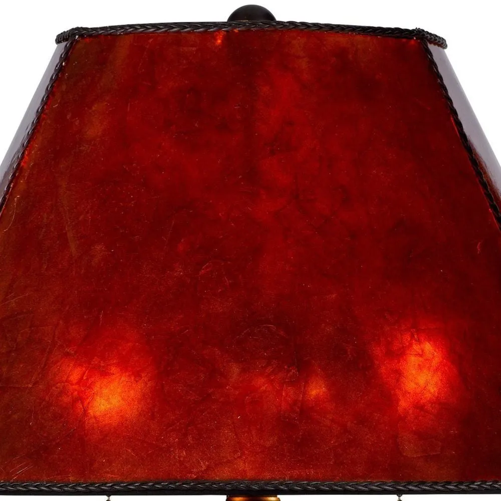20 Inch Table Lamp, Vintage Red Amber Mica Shade, Upturned Arms, Round Body By Casagear Home