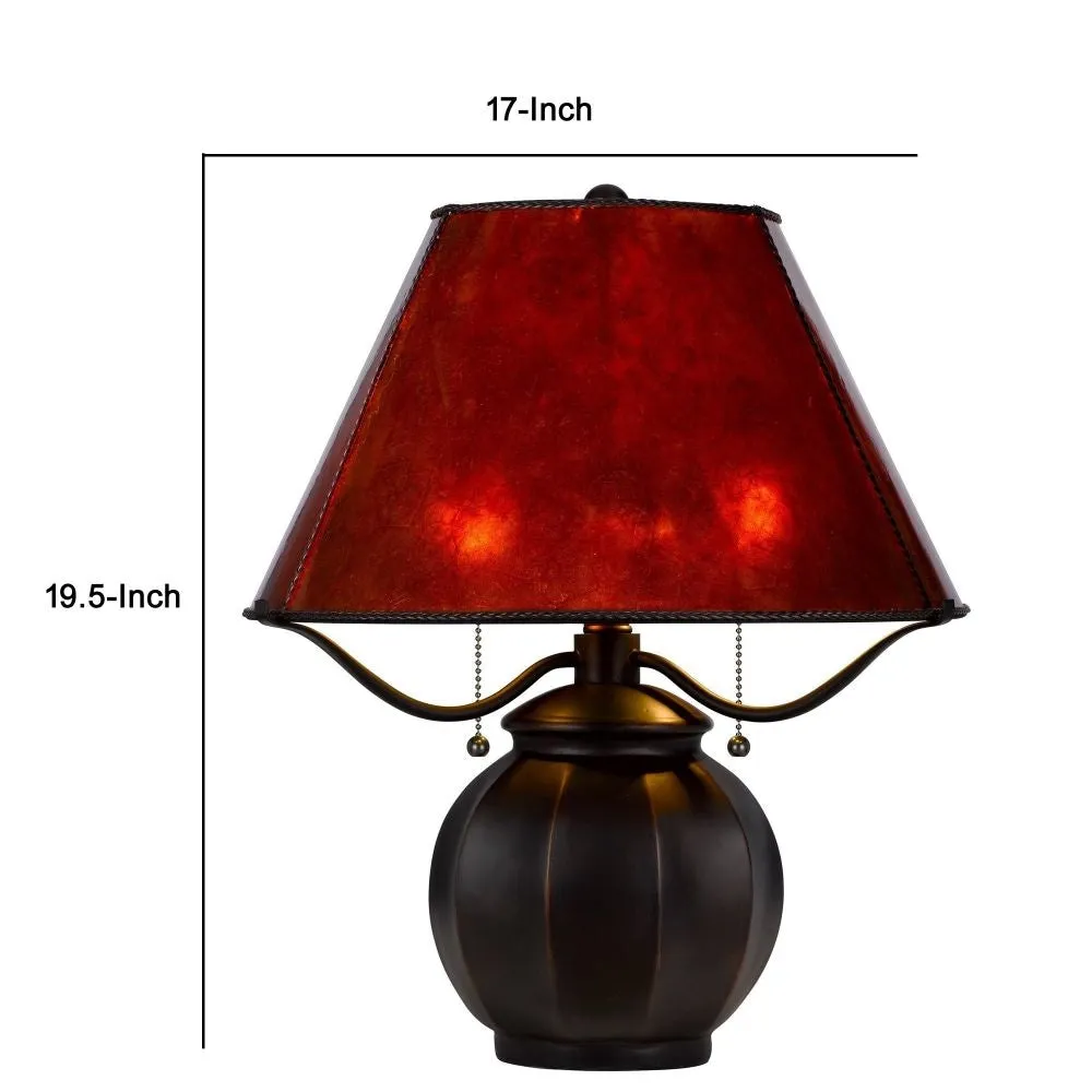 20 Inch Table Lamp, Vintage Red Amber Mica Shade, Upturned Arms, Round Body By Casagear Home