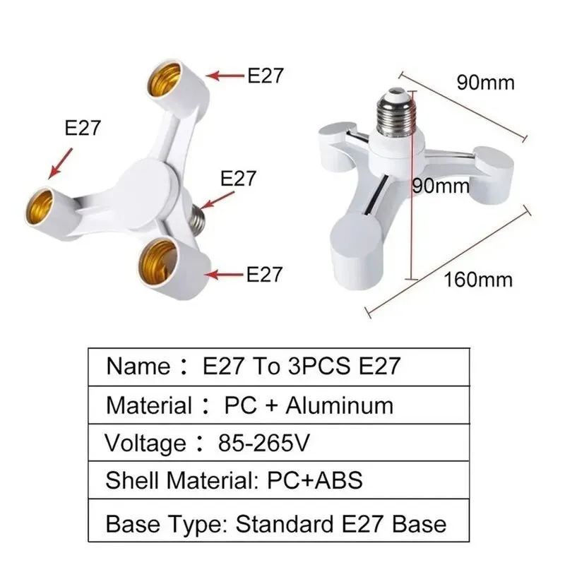 3in1 E27 to E27 Led Bulb Socket Splitter Adapter for Home Dining Room Photo Studio