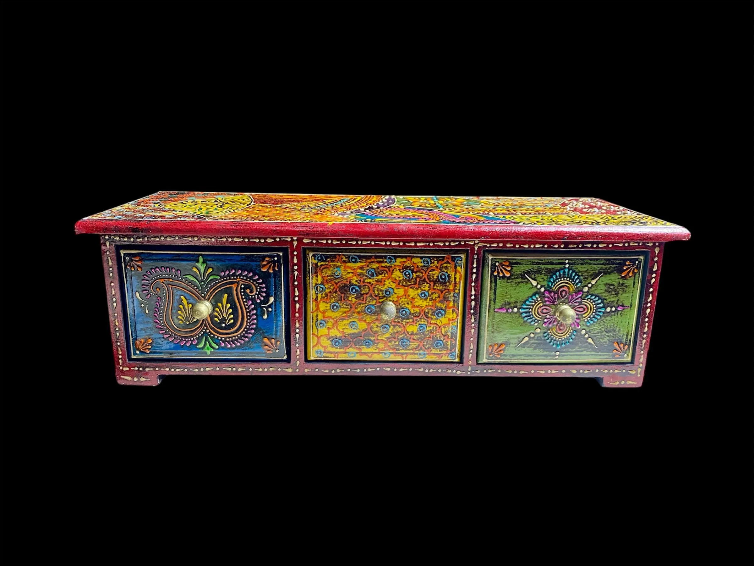 Decorative Painted Long Box With Three Drawers
