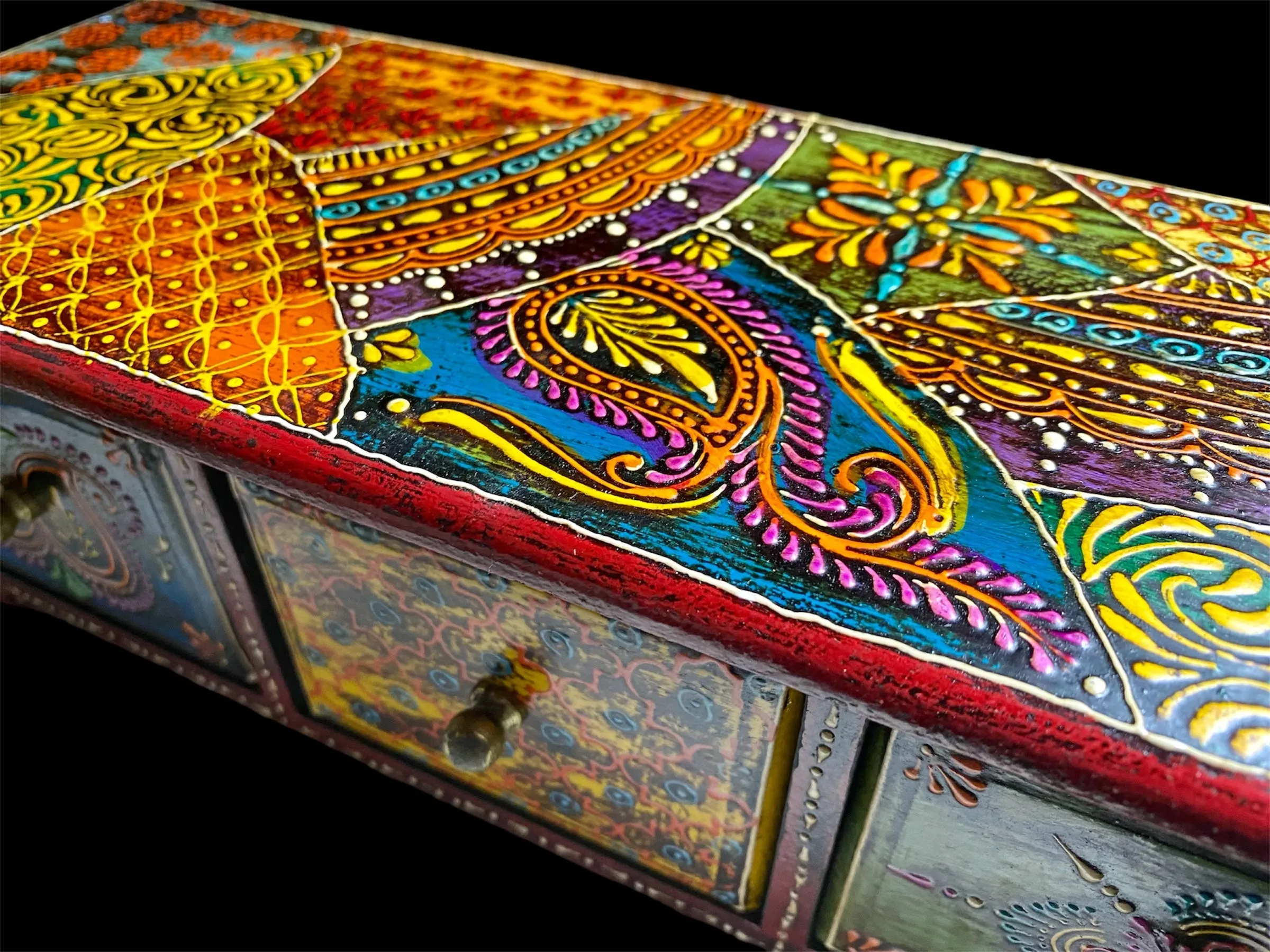 Decorative Painted Long Box With Three Drawers