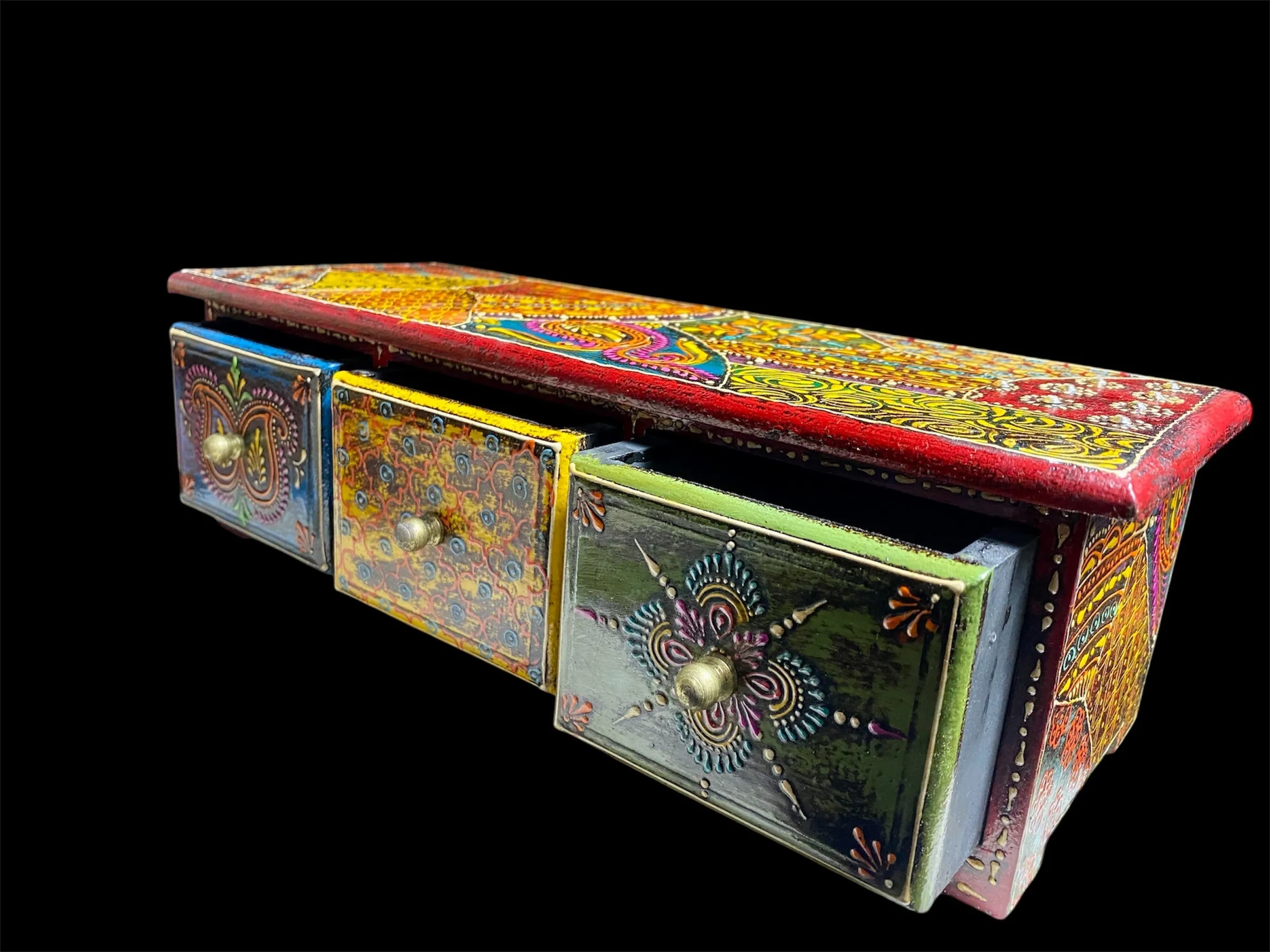 Decorative Painted Long Box With Three Drawers