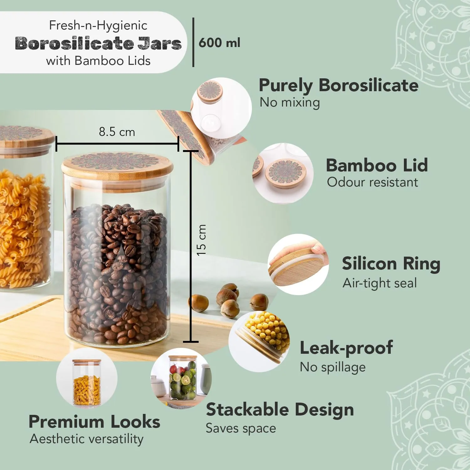 Ekhasa Airtight 100% Borosilicate Glass Jars with Printed Bamboo Lid (Set of 2, 600ml) | Glass Container for Kitchen Storage | Kitchen Containers Set Glass | Air Tight Glass Jar with Wooden Lid