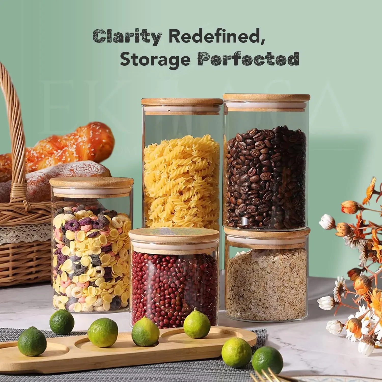 Ekhasa Airtight 100% Borosilicate Glass Jars with Printed Bamboo Lid (Set of 2, 600ml) | Glass Container for Kitchen Storage | Kitchen Containers Set Glass | Air Tight Glass Jar with Wooden Lid