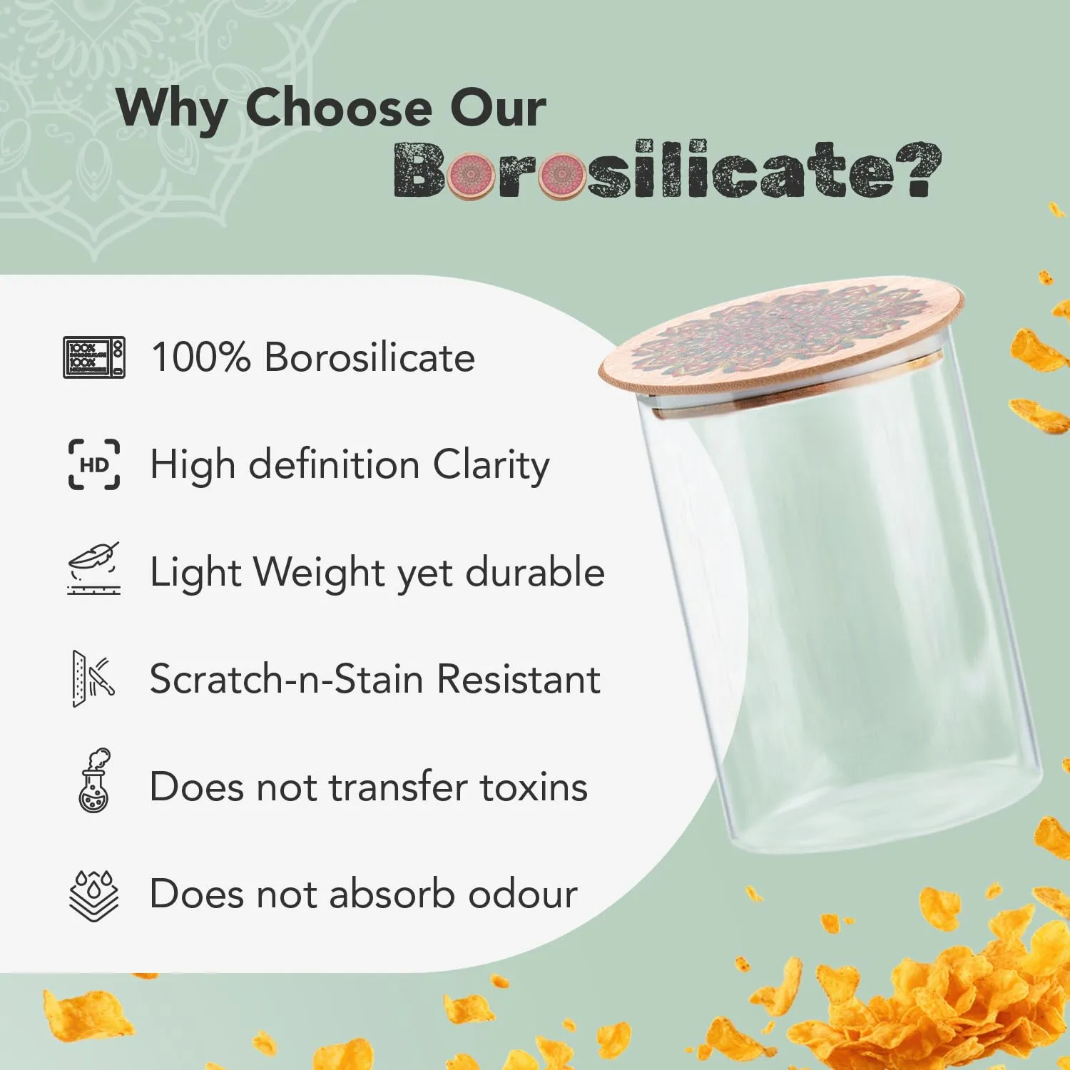 Ekhasa Airtight 100% Borosilicate Glass Jars with Printed Bamboo Lid (Set of 2, 600ml) | Glass Container for Kitchen Storage | Kitchen Containers Set Glass | Air Tight Glass Jar with Wooden Lid
