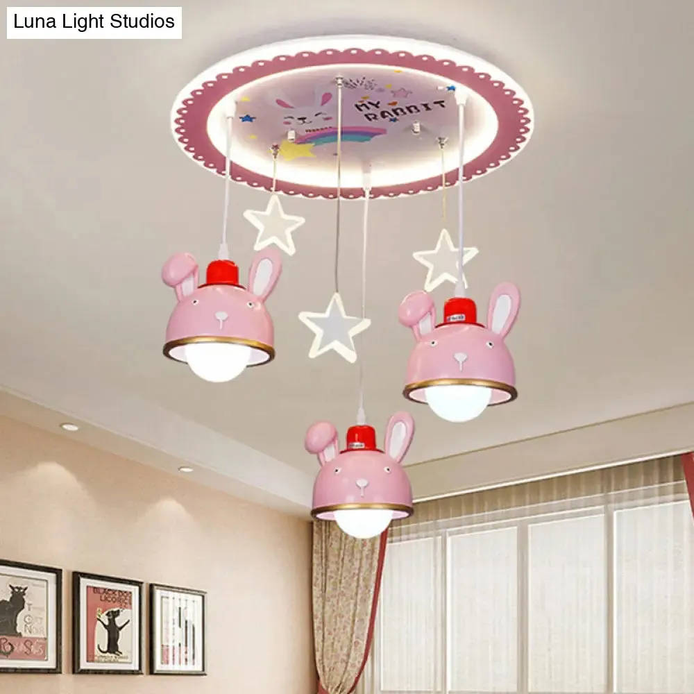 Fun Bunny Ceiling Lamp with Pink Dome Shade - Resin, 3 Bulbs, Cartoon Flush Mount