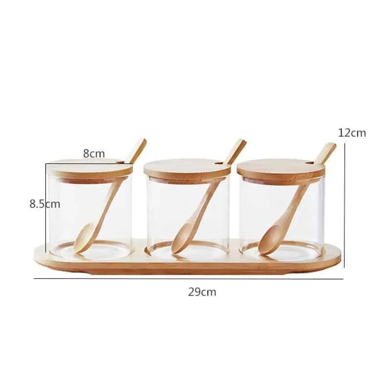 Glass and Wood Storage Jars Set with Spoon