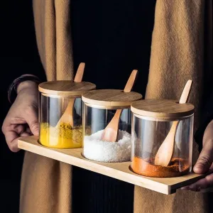 Glass and Wood Storage Jars Set with Spoon