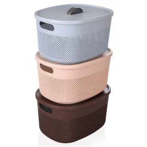 Kuber Industries Unbreakable Large Multipurpose Storage Baskets with lid|Design-Netted|Material-Plastic|Shape-Oval|Color-Brown,Beige and Grey|Pack of 3