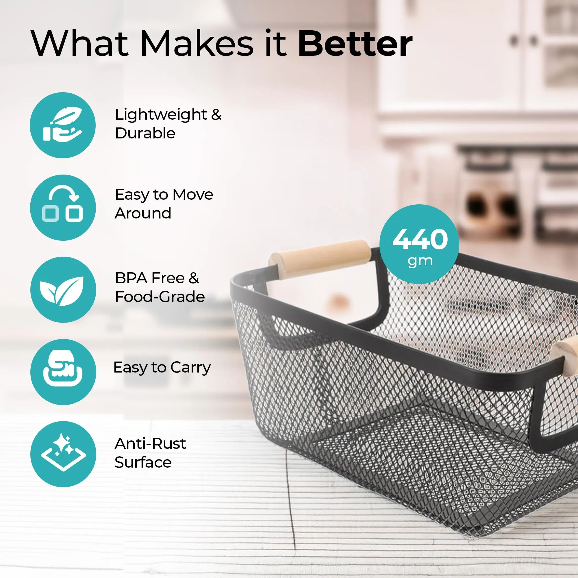 The Better Home Metal Mesh basket for storage with wooden handle | 440 gm | Fruit basket & Vegetable basket for Kitchen | Kitchen Organizer | Baskets for organizing home and kitchen | Multipurpose | Black