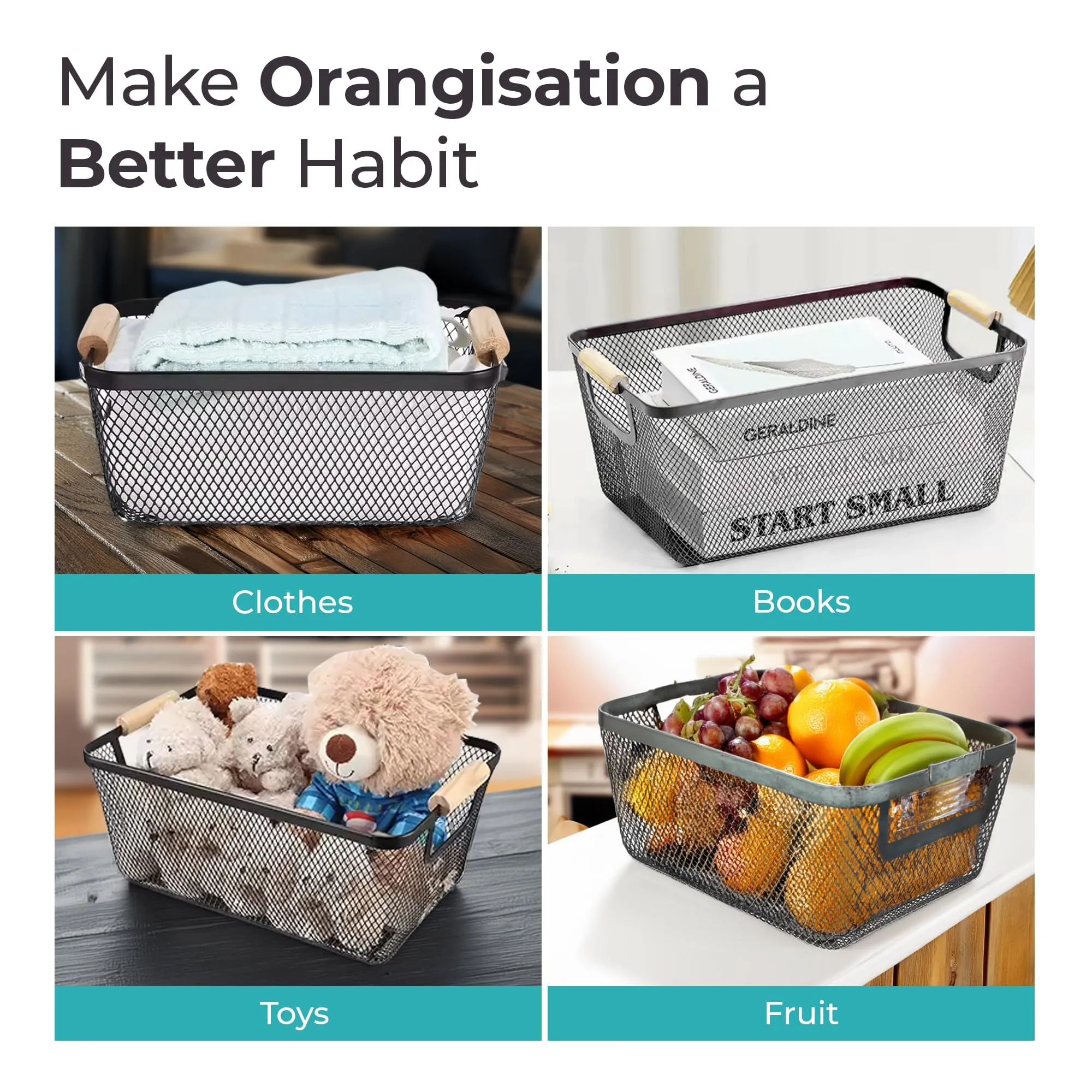 The Better Home Metal Mesh basket for storage with wooden handle | 440 gm | Fruit basket & Vegetable basket for Kitchen | Kitchen Organizer | Baskets for organizing home and kitchen | Multipurpose | Black