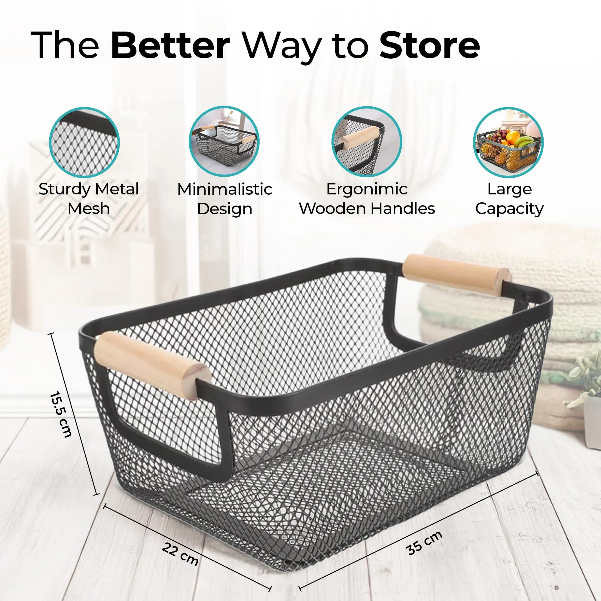The Better Home Metal Mesh basket for storage with wooden handle | 440 gm | Fruit basket & Vegetable basket for Kitchen | Kitchen Organizer | Baskets for organizing home and kitchen | Multipurpose | Black