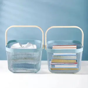 The Better Home Metal Mesh Basket for Storage With Wooden Handle (Blue Pack of 2) | Organisers Storage Box for Clothes | Storage Organizer | Home Decor items for living room | Picnic Basket |