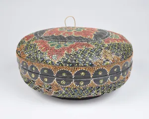 Vintage Hand Painted Indonesian Covered Wedding Offering Basket Box-Colorful Mandala Motif-Late 20th Century Indonesia