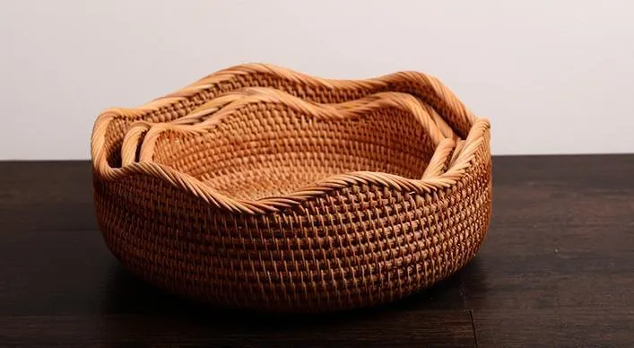 Woven Round Rattan Basket, Storage Basket for Dining Room Table, Woven Storage Basket for Kitchen, Small Storage Baskets, Set of 3